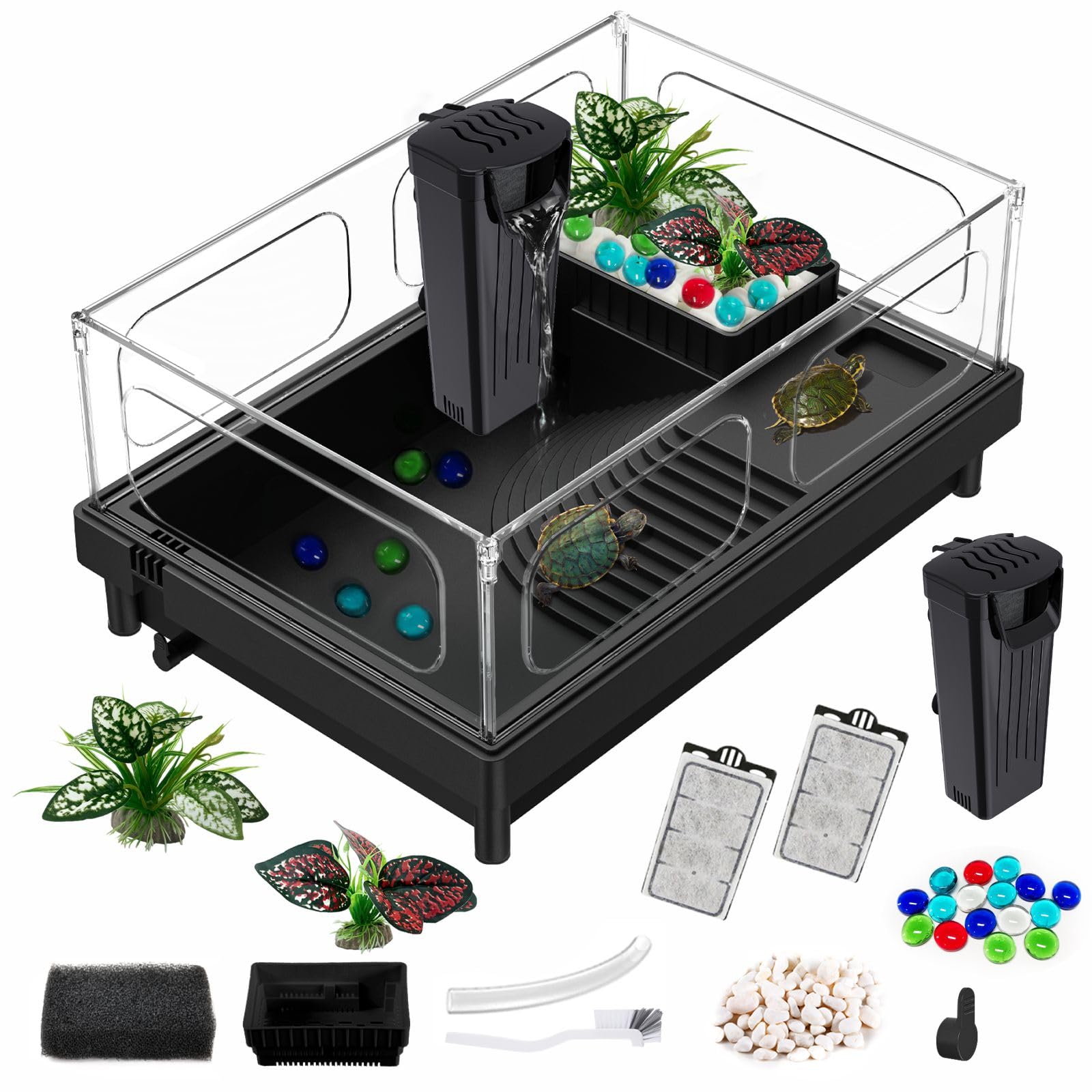GOZILLA Small Turtle Tank with Filter, Acrylic Aquarium Turtle Tank Starter Kit with Multi-Functional Areas for Turtles, Hermit Crabs, Crayfish, Small Reptiles. (Black)