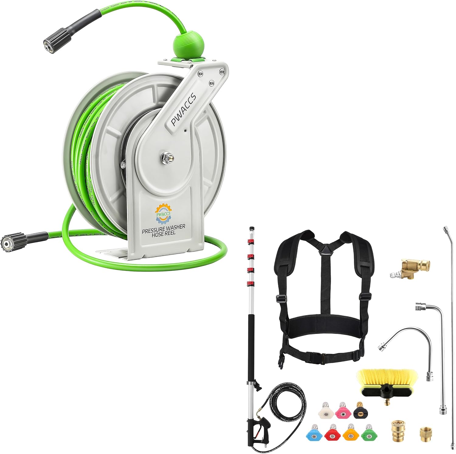 PWACCS Retractable Pressure Washer Hose Reel, 1/4" x 60ft Heavy Duty Power Washer Hose Reel, 24 FT Pressure Washer Telescoping Wand, Telescopic Spray Wand with Power Washer Extension Wands