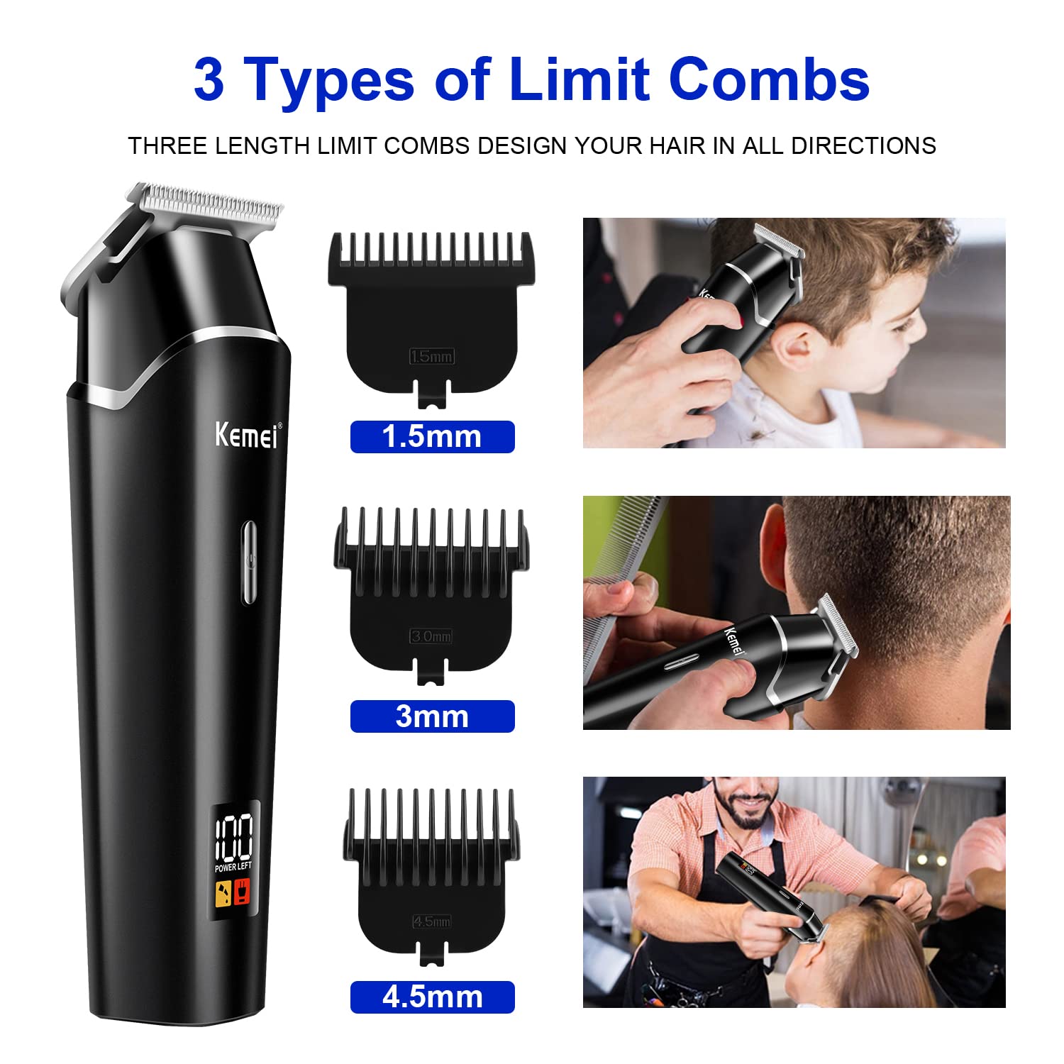 KEMEI Black Hair Clippers for Men, Electric Cordless Clippers for Hair Cutting, Professional Barber Clippers, USB Rechargeable Wireless Haircut Clippers km-1113 - Image 3