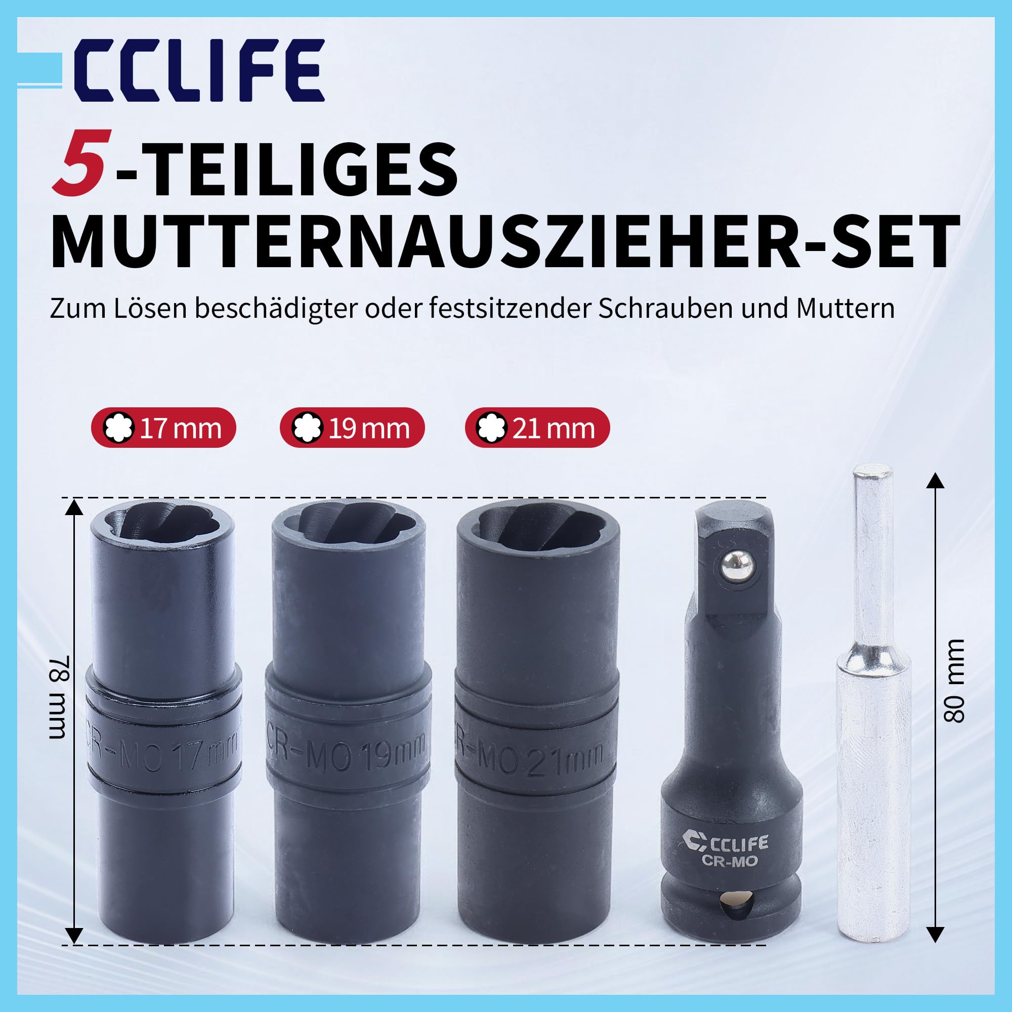 CCLIFE Zestaw wykrętaków nakrętek 1/2 cala - 17/19/21 mm Twist Socket Set - Damaged Lug Nut Extractor for Rusted & Rounded Bolts - CR-MO Steel Sockets for Auto Workshop & DIY