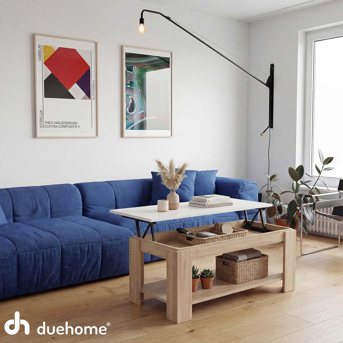 duehome | Mesa de Centro Elevable, Mesa Auxiliar, Modelo LYA, Acabado en Color Roble Canadian y Blanco Artik, Medidas: 102 cm (Largo) x 50 cm (Ancho) x 43-54 cm (Alto)
