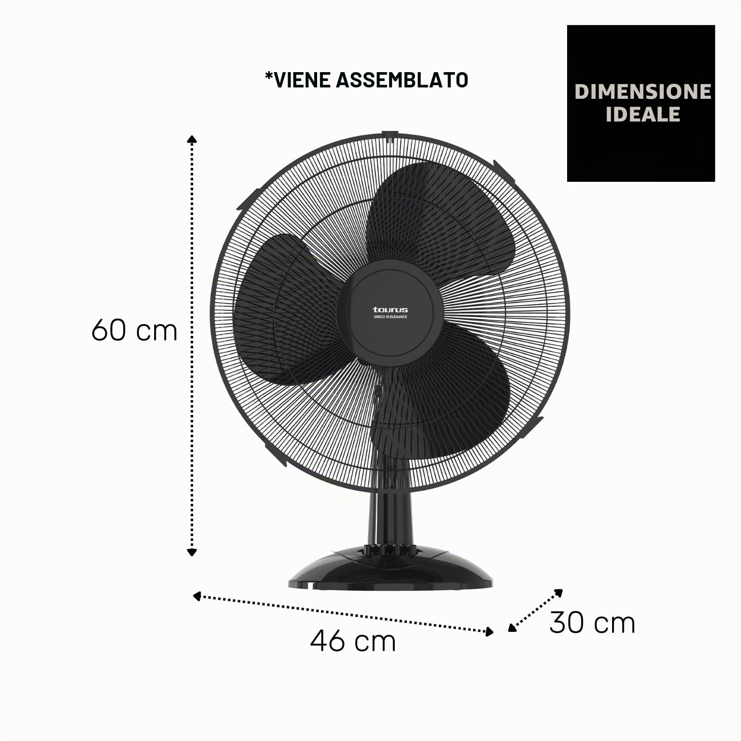 Taurus – Ventilatore da tavolo Greco 16 Elegance | 45W | 3 pale 40 cm | 3 velocità | Oscillazione automatica | Inclinazione regolabile | Compatto e silenzioso | Portatile | Base antiscivolo | Nero