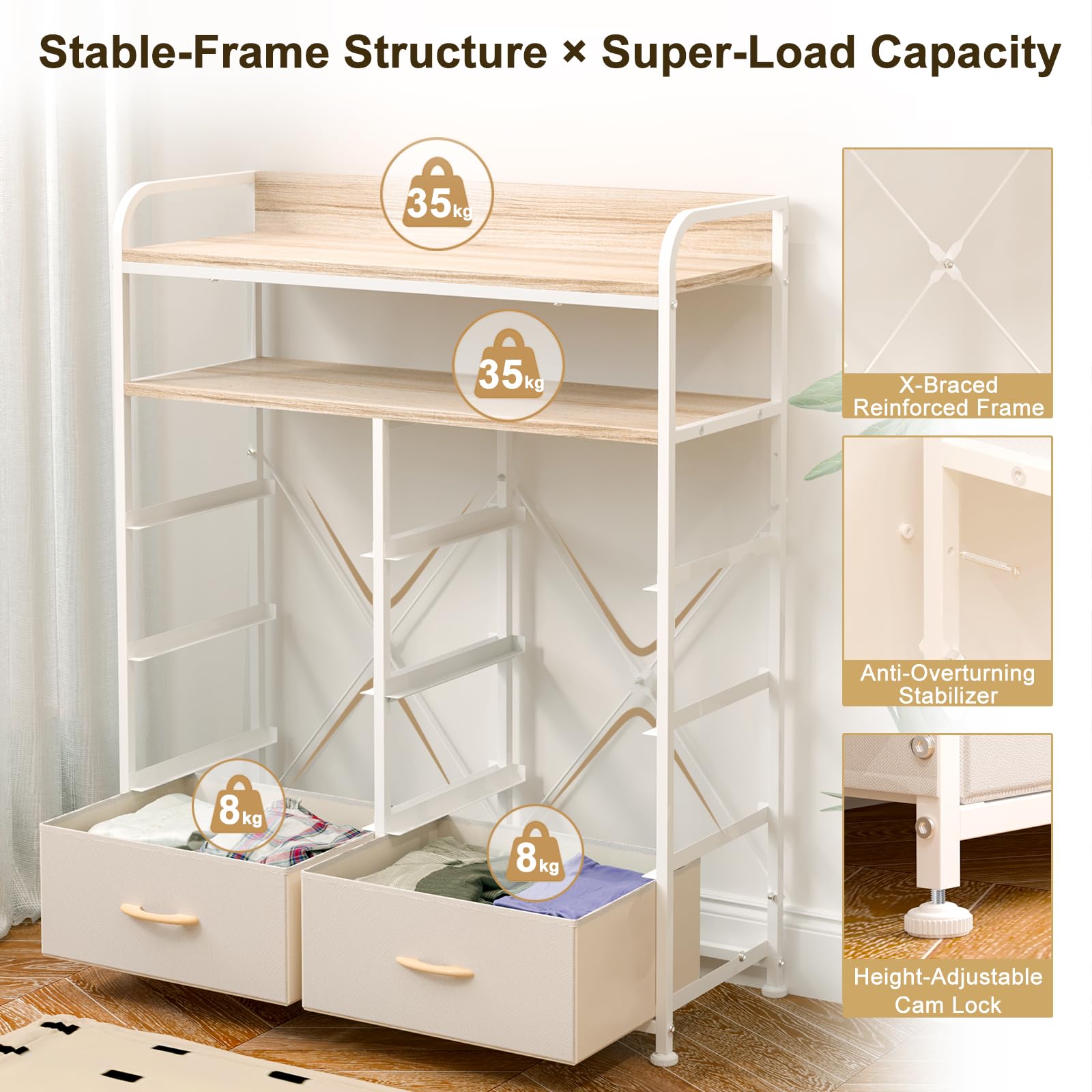 Cassettiera in Tessuto, Cassettiera per Camera da Letto, 8 Cassetti in Tessuto, 4 Tasche Laterali, Credenza con Doppio Ripiano in Legno per Soggiorno, Ingresso, Camera da Letto, Beige