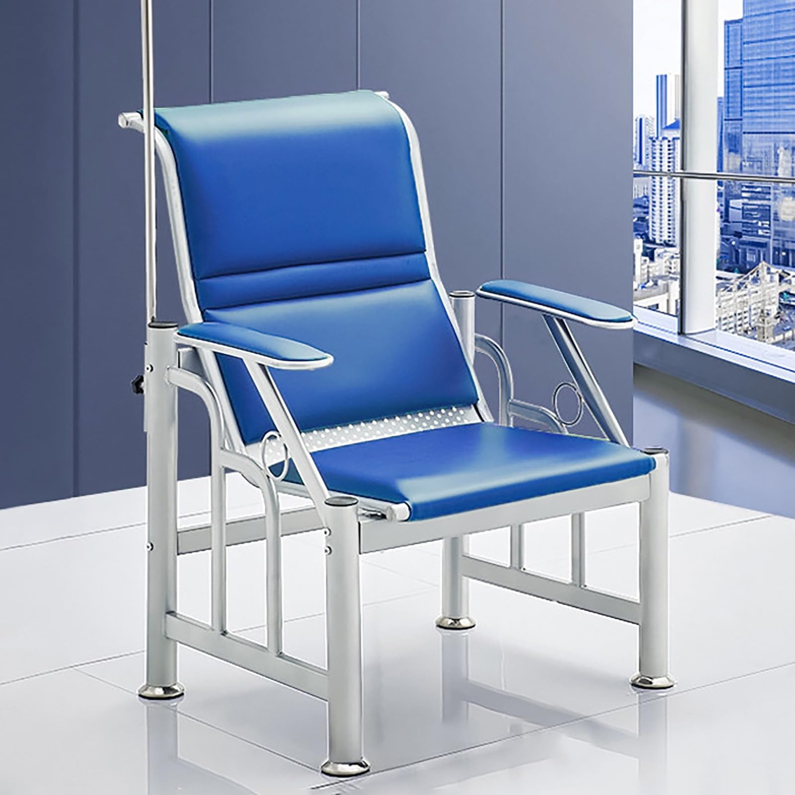 WDSOPK Waiting Room Chairs,3-Seat Leather Waiting Room Bench with Armrests & IV Stand, Phlebotomy Chair for Lobby & Comfortable Reception Chairs(Blue-1-Seat)