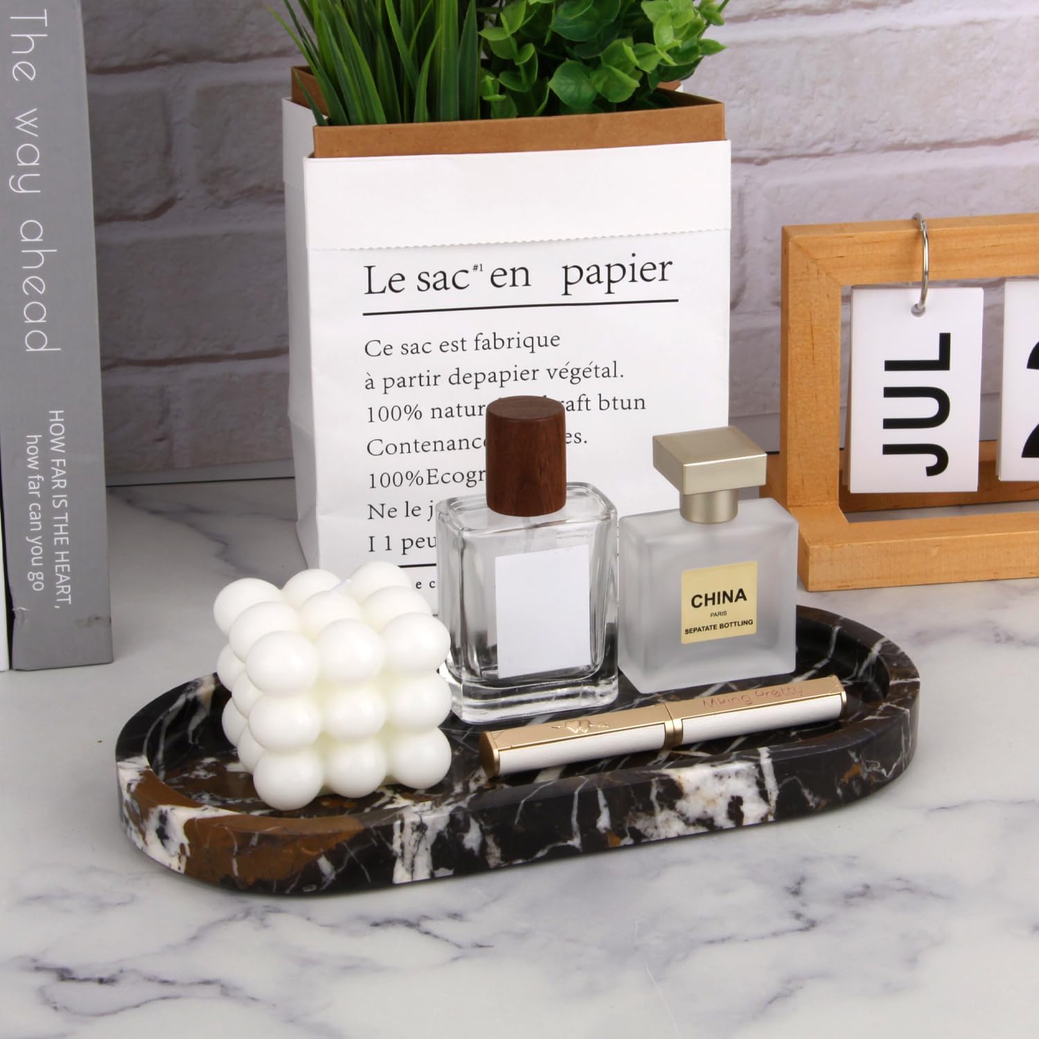 Natural Marble Tray Oval, Bathroom Vanity Tray for Countertop, Elegant Stone Decorative Organizer for Perfume, Jewelry, Home Decor (1, Black Gold, 10 x 5 x 0.6)