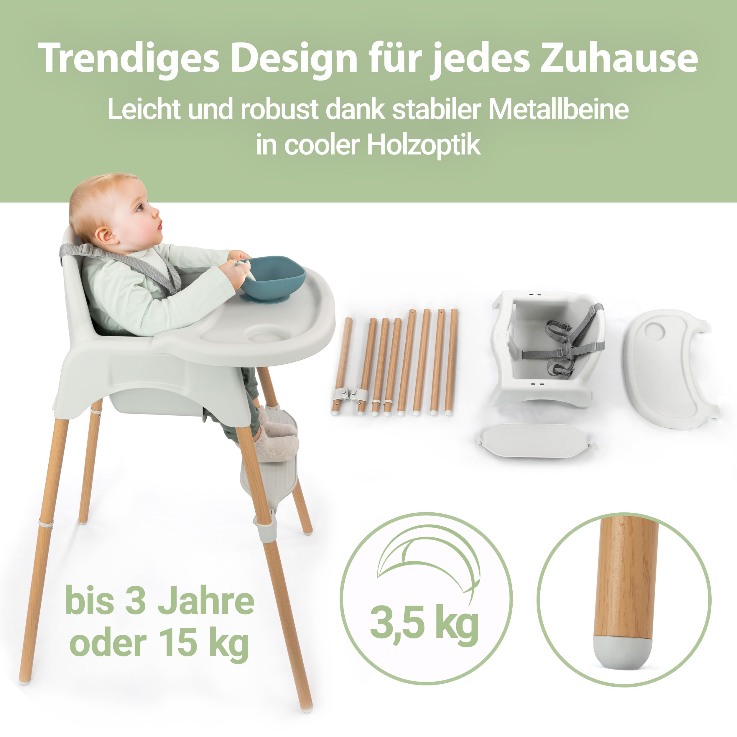 Zamboo Hochstuhl Baby ab 6 Monate | leichter Kinderhochstuhl (3,5 kg) mit edler Holzoptik, großem abnehmbarem Tablett und 5-Punktgurt | EN 14988:2017 geprüft, kippsicher, bis 15 kg - Grau