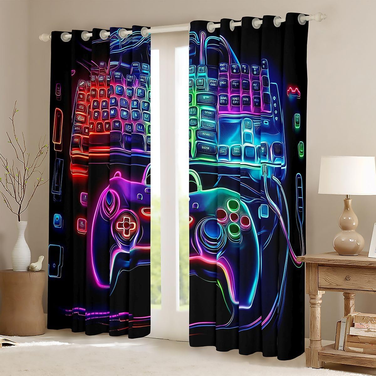 Erosebridal Gaming Window Drapes Neon Game Console Blackout Curtains 52" Wx63 L Gamer Curtains for Bedroom Living Room Glowing Gaming Print Aesthetic Window Treatments 2 Panels image 3