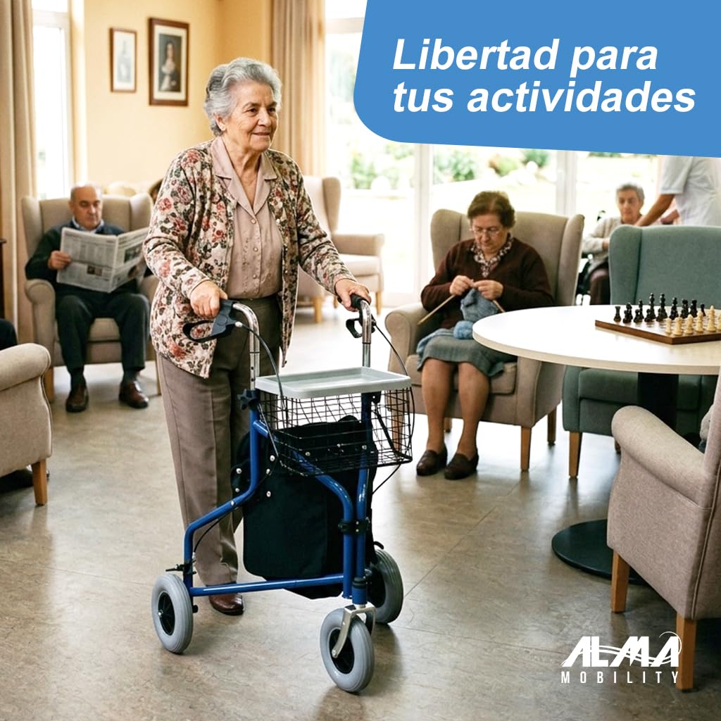 ALMA Andador para Ancianos de 3 Ruedas Delta, Ortopédico, Ligero y Plegable, con Frenos y Bloqueo, Cesta y Bolsa, Altura Regulable, Manejable en Espacios Estrechos, para Adultos y Personas Mayores