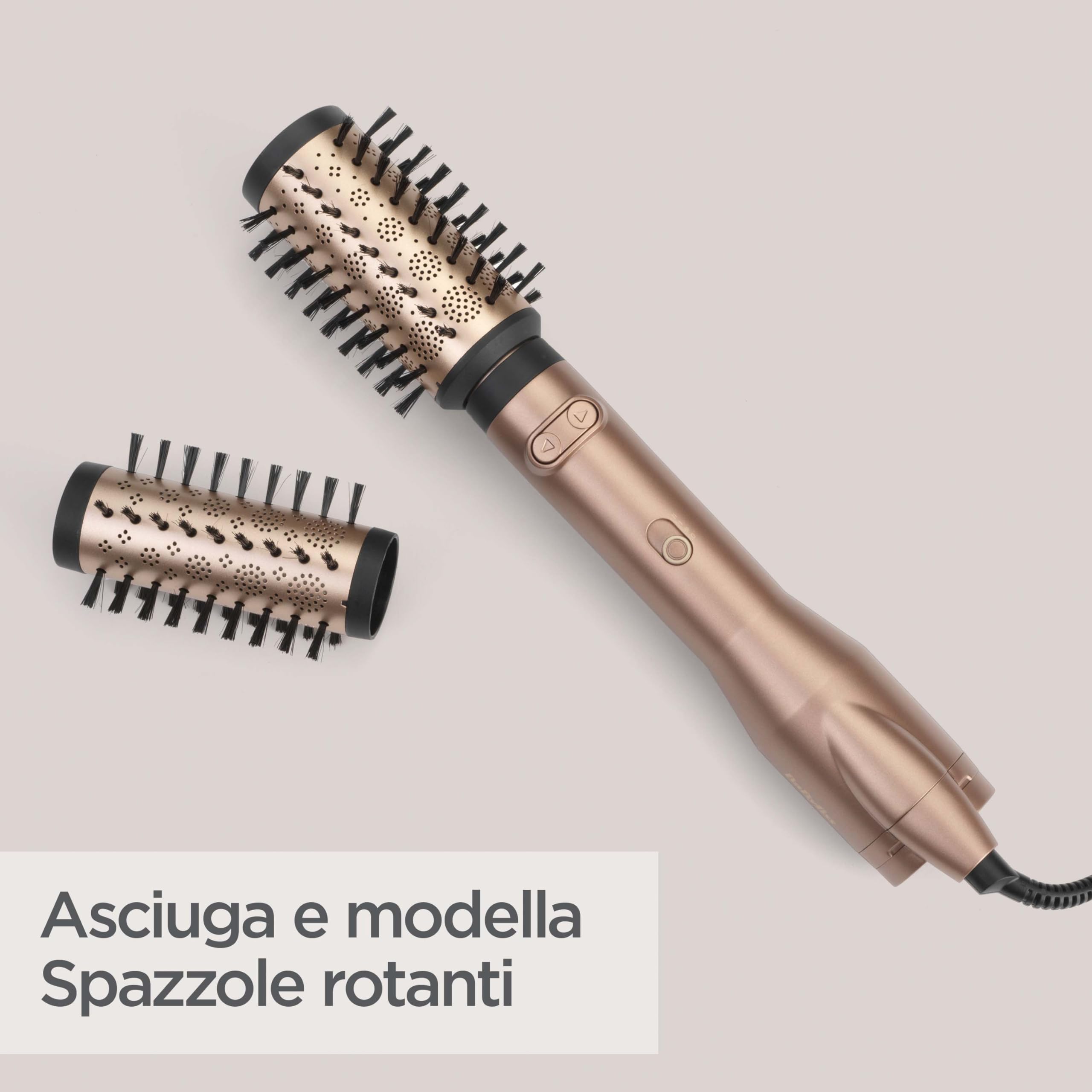 BaByliss Big Hair Dual Spazzola ad aria rotante, funzione ionica, 2 accessori spazzole da 50mm e 40mm, 2 direzioni di rotazione, 2 temperature + aria fredda, nero e oro, AS952E