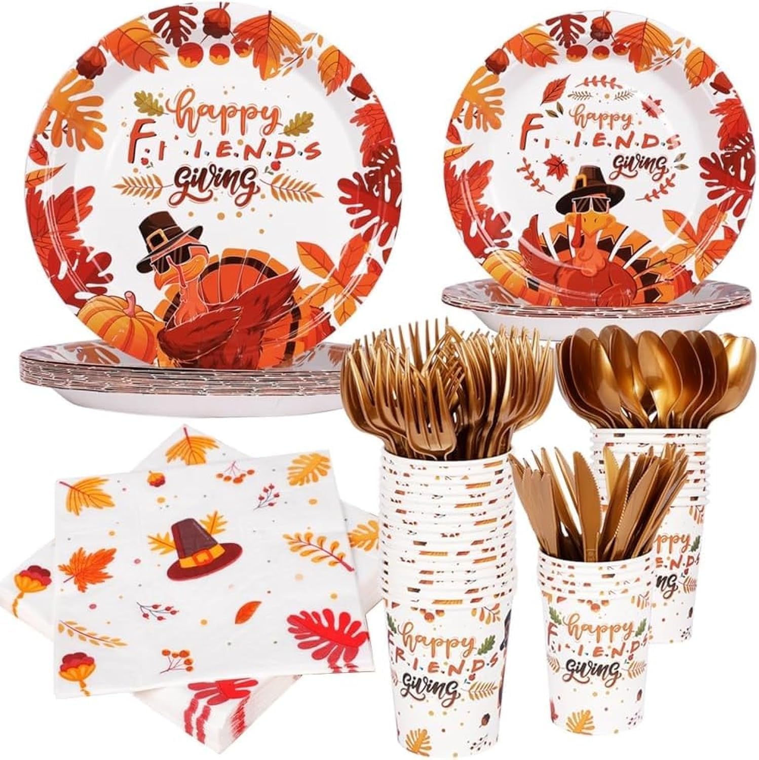 210Pcs 30 Guest Thanksgiving Plates, Fall Party Supplies Tableware Set, Tablecloth With Turkey Pumpkin Maple Disposable Plates Tableware Napkins Cup Knives, Dinnerware Harvest friends Gathering Decor