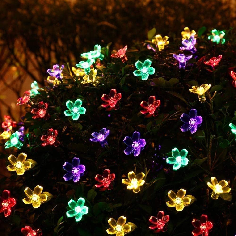 Joomer Outdoor Solar String Lights, Flower String Lights, 50LED Cherry Blossoms String Light 8 Modes Memory Function Waterproof for Garden, Patio, Fence, Yard, Outdoor Decor (Multicolor)
