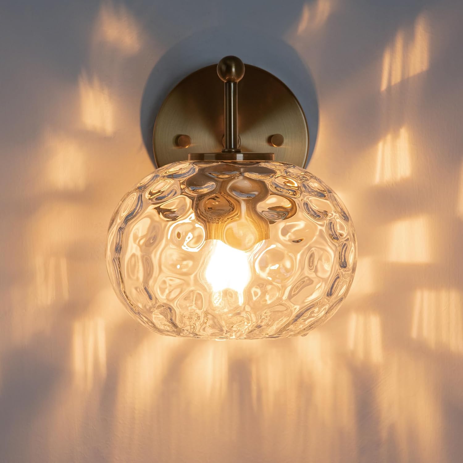Gold Wall Sconce Light Clear Hammered Glass Vanity Lighting Brushed Brass Wall Lamp for Bathroom Over Mirror