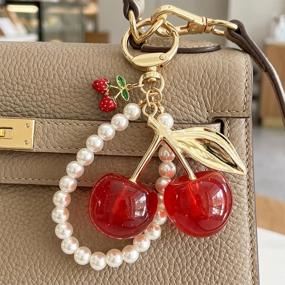 Cherry Keychain Cute Pearl Beads Cherry Bag Charm Handbags Pendant Decor image 3