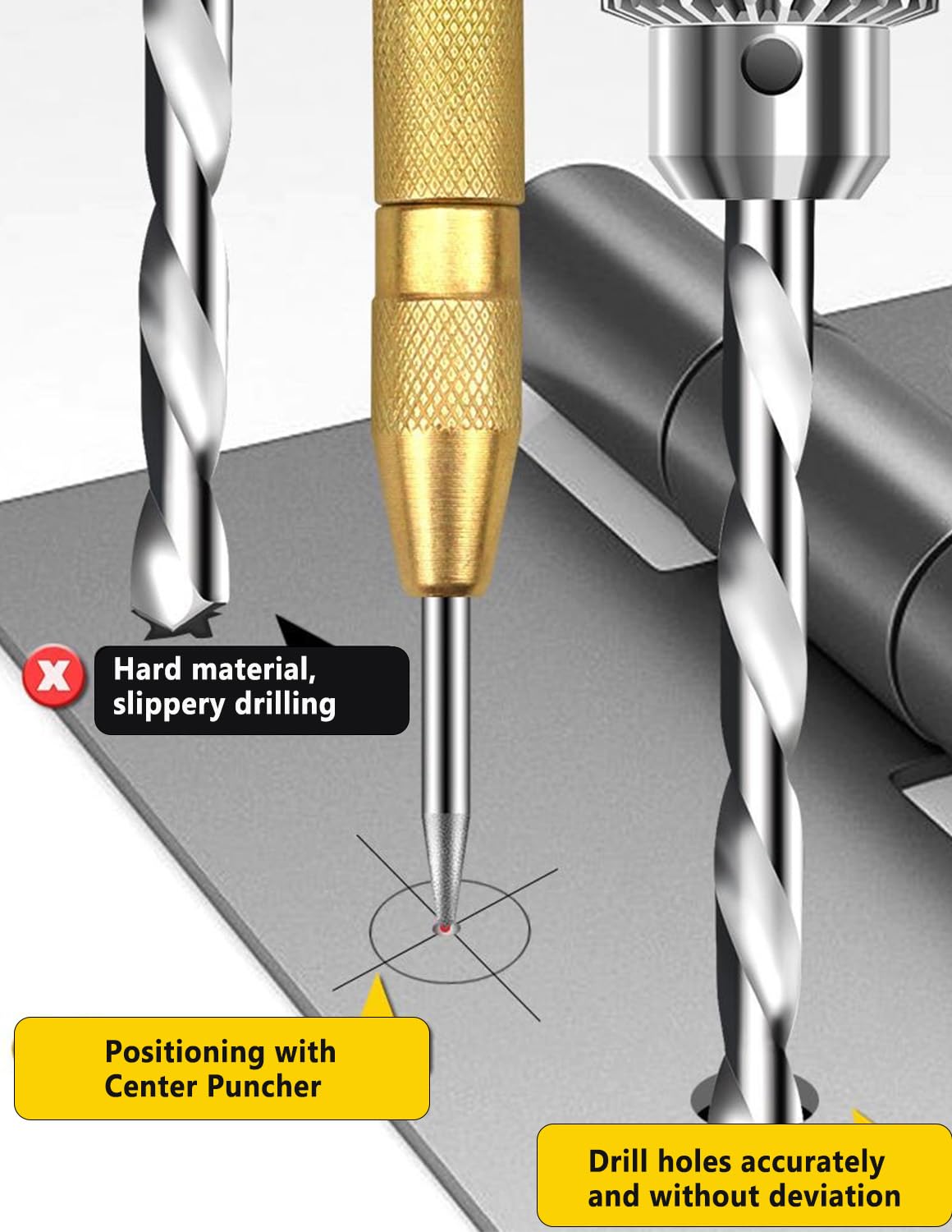 2 Pack Automatic Center Punch, Brass Spring Loaded Center Drill Bit, Automatic Center Punch with Cushion Cap for Wood Steel Plastic, Leather