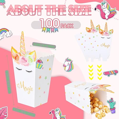 Miniatura 3 de 100 cajas de palomitas de maíz de unicornio, suministros para fiesta de unicornio, cajas de golosinas de unicornio, recipientes de galletas para