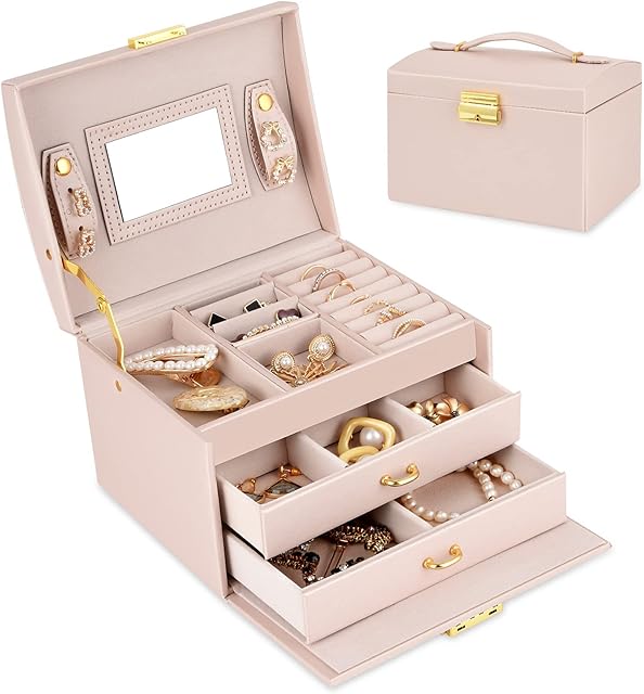 Women Jewellery Box, 3-Layer Travel Jewellery Organiser with Mirror & Lock, Valentine's Day Birthday Gift Box Portable Jewelry Storage Case for Rings Earrings Bracelets Necklaces