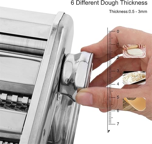 Miniatura 4 de Máquina para hacer pasta, 6 ajustes de grosor ajustables, máquina de pasta manual de acero inoxidable de 0.276 in y 0.079 in de ancho, prensa de