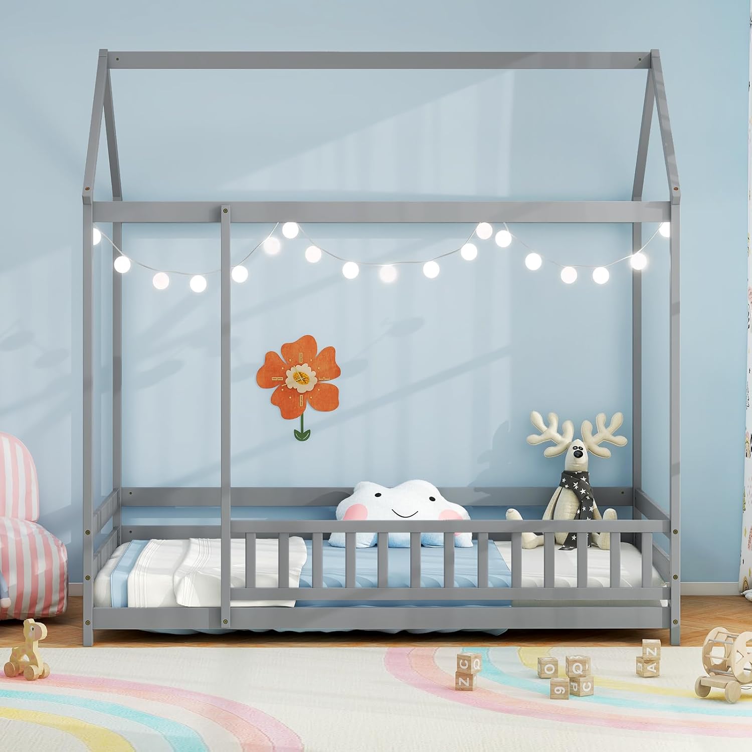 Twin Floor Bed, Wooden House Bed with Safety Fence and Roof, Wood Twin Size Platform Playhouse, Low Montessori Bed Frame for Kids, Boys, Girls (Grey)