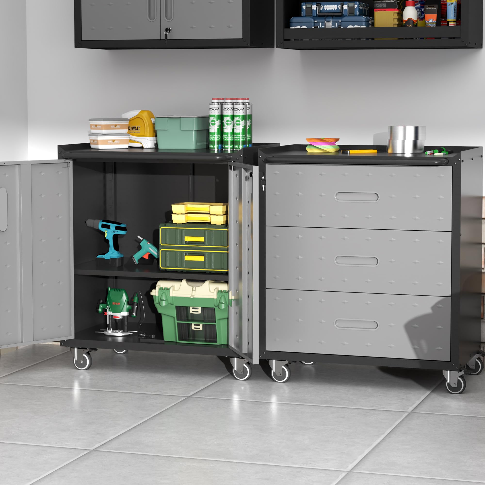Armario De Herramientas Con Metal, Cajonera Con Ruedas Y 3 Cajones, Mueble Organizador Resistente, Carro De Herramientas, Para Garaje Oficina Hogar Y Taller, Negro Y Gris, 75.01 x 42 x 88.01 cm