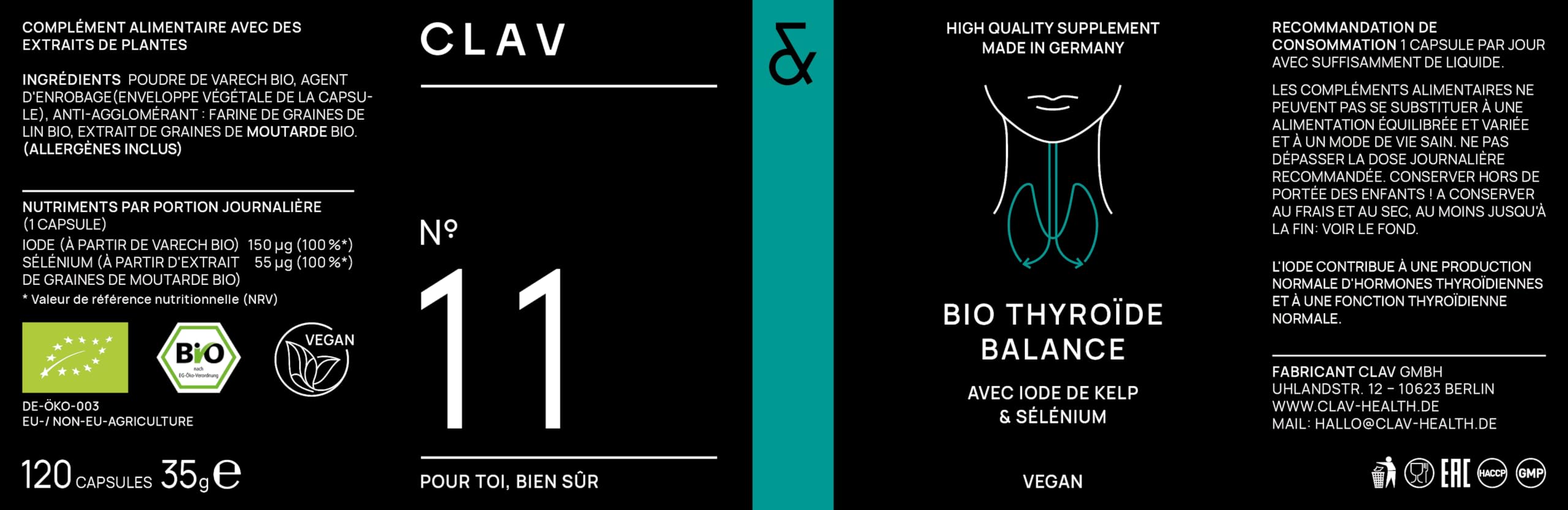 Iode Thyroide Bio avec Selenium Bio - Complement Alimentaire Thyroide - 150 μg per Iode Gelules + 55 μg Sélénium - à base de Algue Kelp et Selenium Naturel - 120 Capsule d'Iode - Vegan