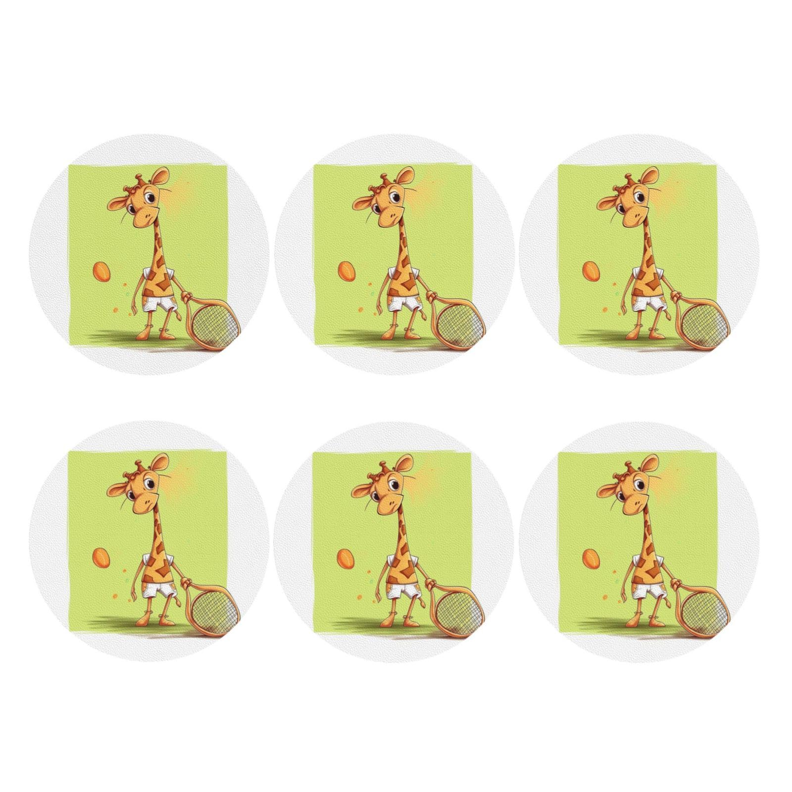 6pcs Leather Coasters for Drinks, Giraffe Playing Tennis Drink Coasters for Tabletop Protection, 4" Cup Coasters for Coffee Table Decor, Non-Slip Drinking Cup Mat for Hot Or Cold Drink