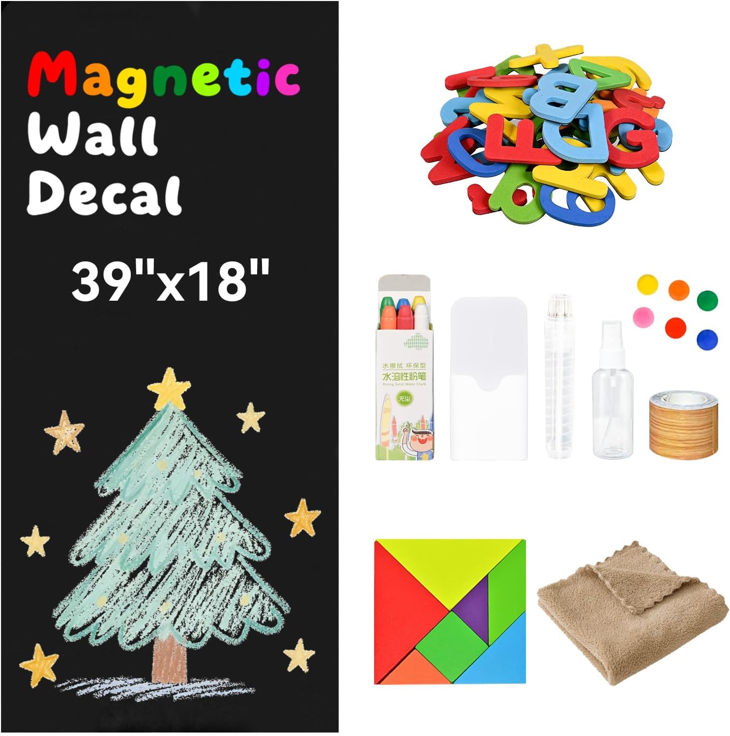 Magnetic Wall Decal 39" x 18" - Magnetic Chalkboard for Wall Self Adhesive Chalkboard Wallpaper with Magnet Letters for Home, Classroom & Office