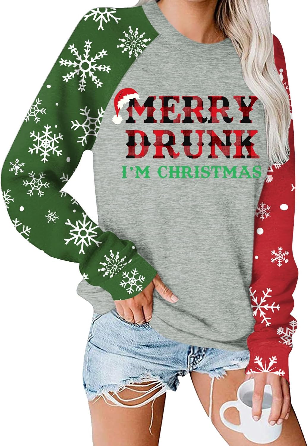 For G and PL Christmas Women's Letter Print Raglan Long Sleeve Holiday Graphic Shirts Xmas Ugly Sweatshirts Snowflake Merry Drunk M