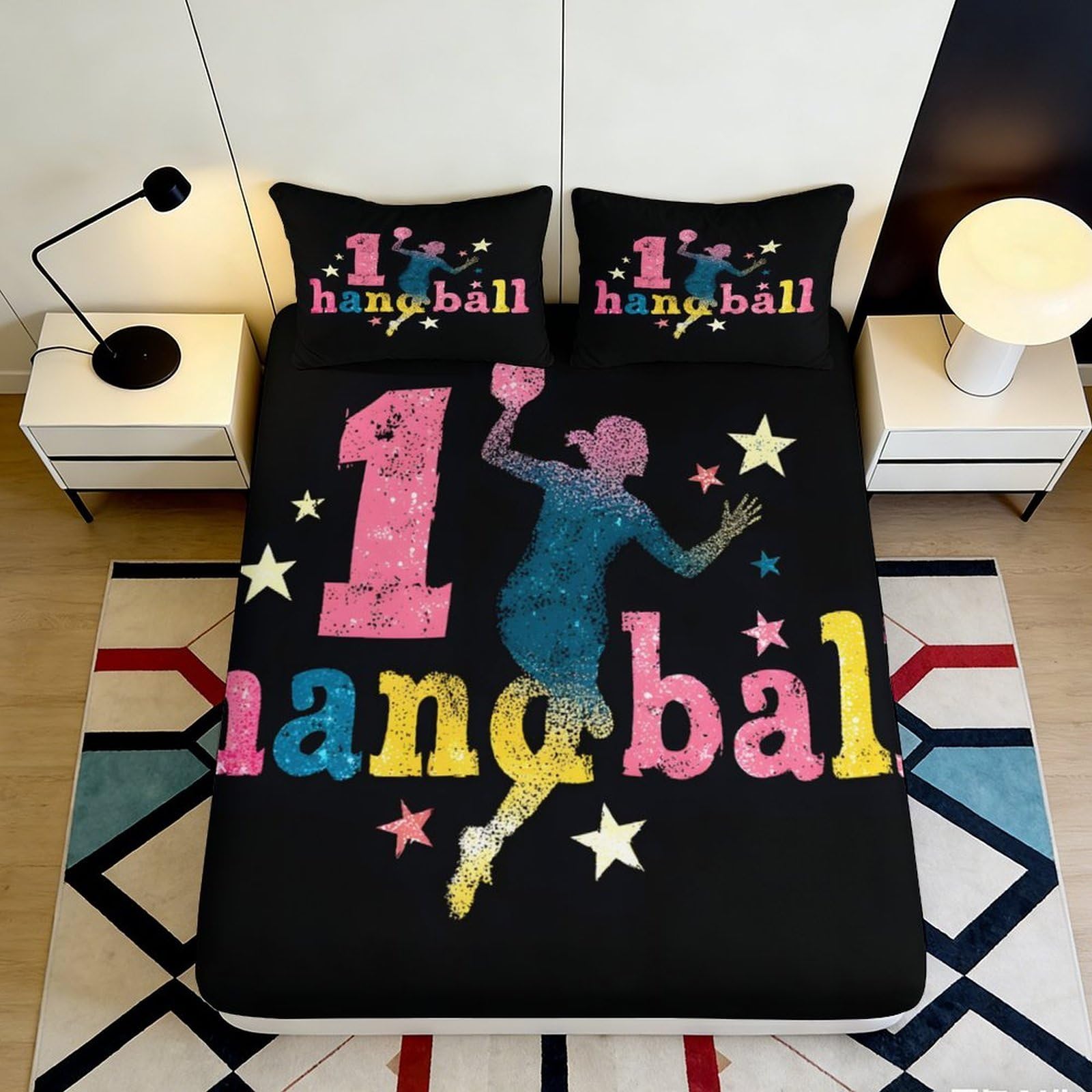 3D Printed Handball Star Fitted Sheet Microfiber Colourful Athlete Bed Cover for Bedroom Guest Room Decor 90x200x25cm
