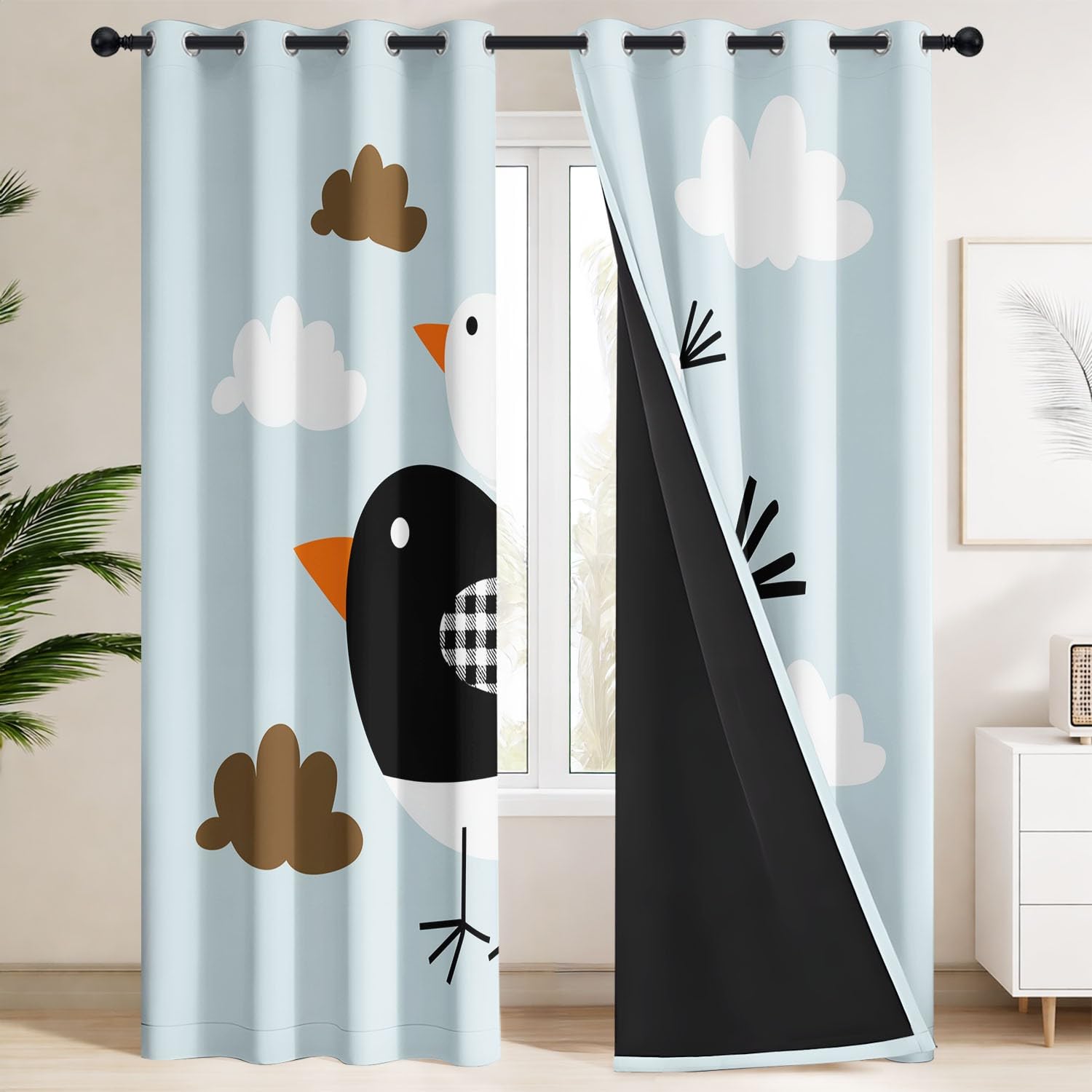 Rideau Occultant Géométrique Minimaliste Lot de 2 L 140 x H 220 cm Oiseaux Carreaux Nuages Rideaux Imprimés en Polyester à Oeillets Isolant Thermique Anti Froid pour Salon et Chambre d'enfant