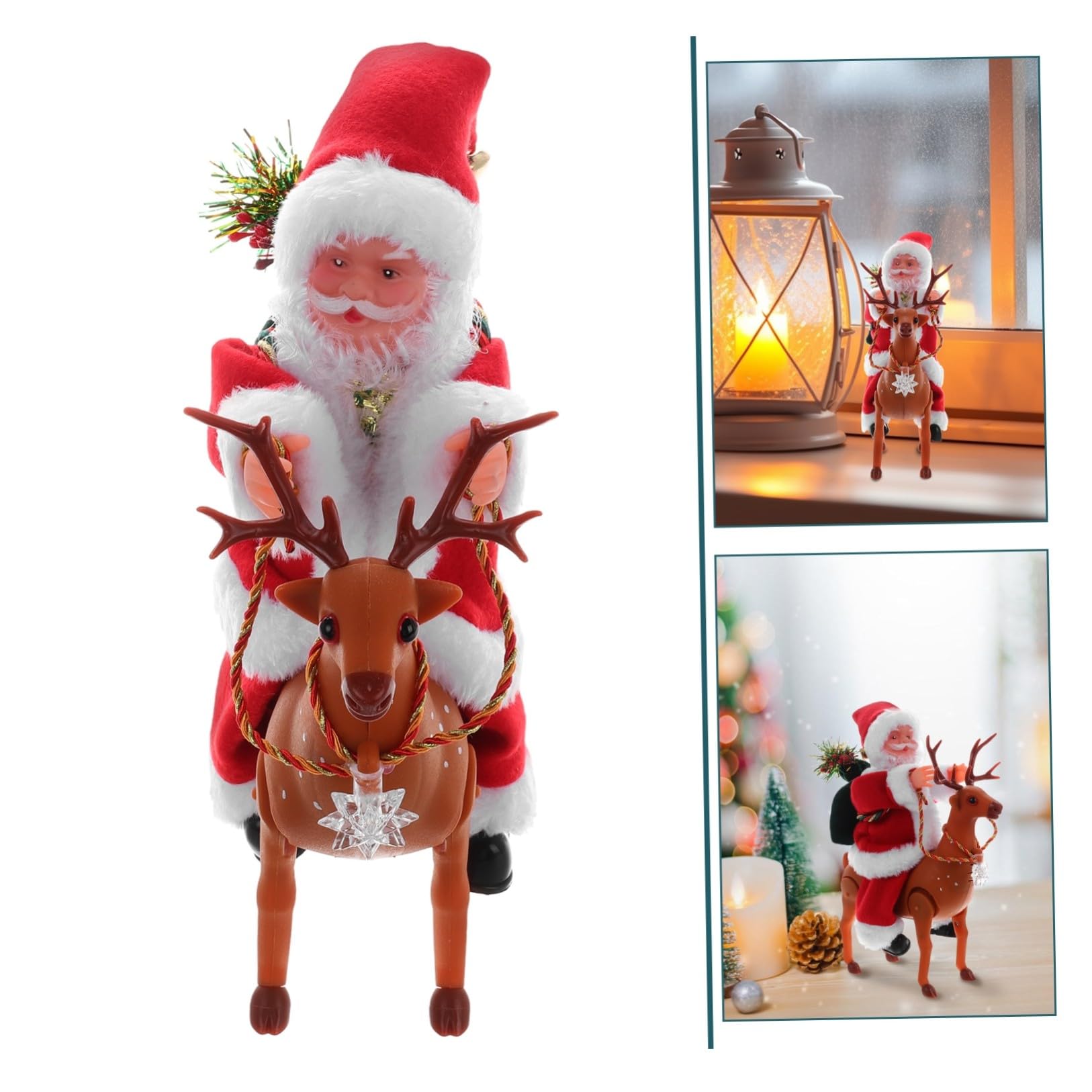 Giocattolo di Natale Babbo Natale che Cavalca Renna Funzione Musicale in Plastica Elegante Alimentato a Batteria Decorazione Natalizia