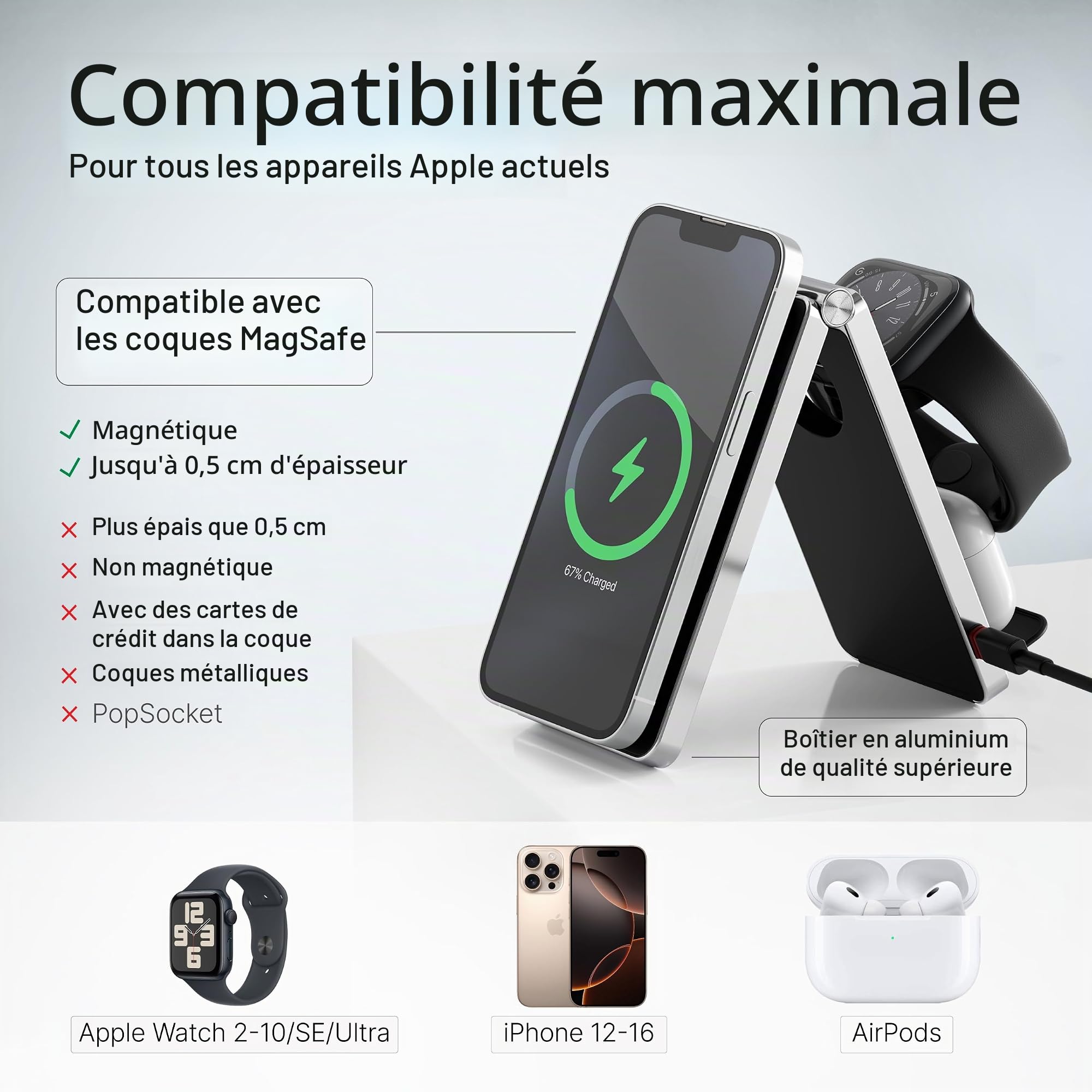 Chargeur à Induction 3 en 1 Compatible MagSafe en Aluminium – Station de Charge Apple pour iPhone, Apple Watch et AirPods – Support Pliable avec Adaptateur 20W, Charge Rapide