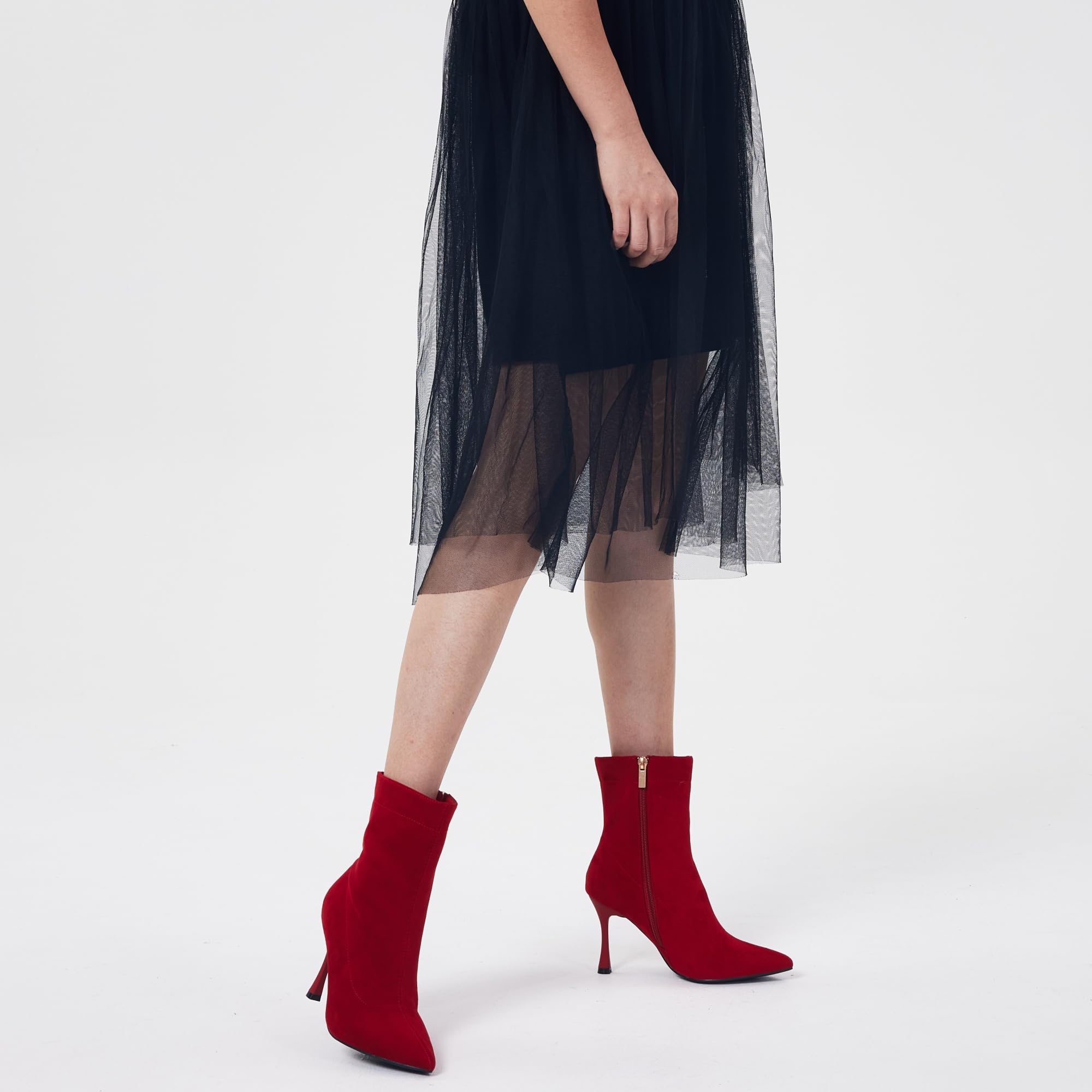 Damskie botki 9 cm szpiczasty nosek - średni obcas szpilki buty robocze dla kobiet modne krótkie buty czarne 8, Czerwony zamsz, 39 EU