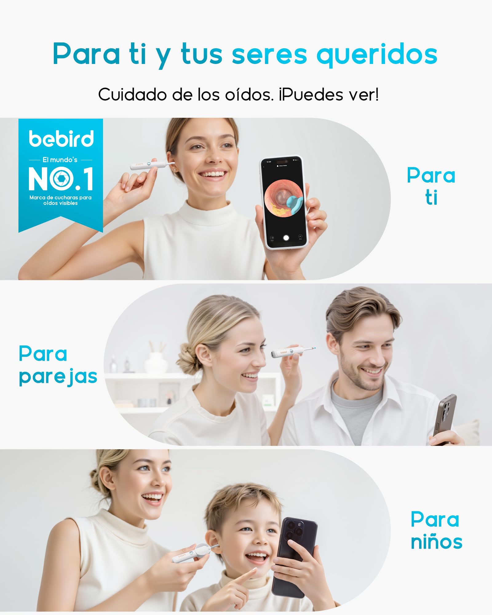 BEBIRD Otoscopio Orecchio, 1080P HD 3,5mm Camera Orecchio, Otoscopio Endoscopio Fotocamera 4,5mm WIFI con 6 LED regolabili per Tablet Android iOS - Bianco
