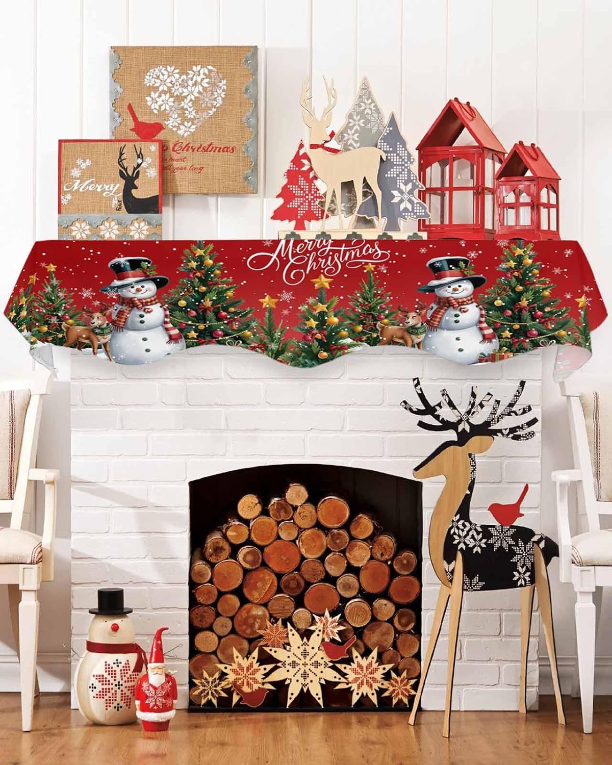 Red Christmas Fireplace Mantel Scarf, Snowman Snowflake Christmas Mantel Decorations for Fireplace, Xmas Tree Gifts Elk Mantel Scarf Covers Party Supplies for Living Room, 90 x 17 Inch image 3