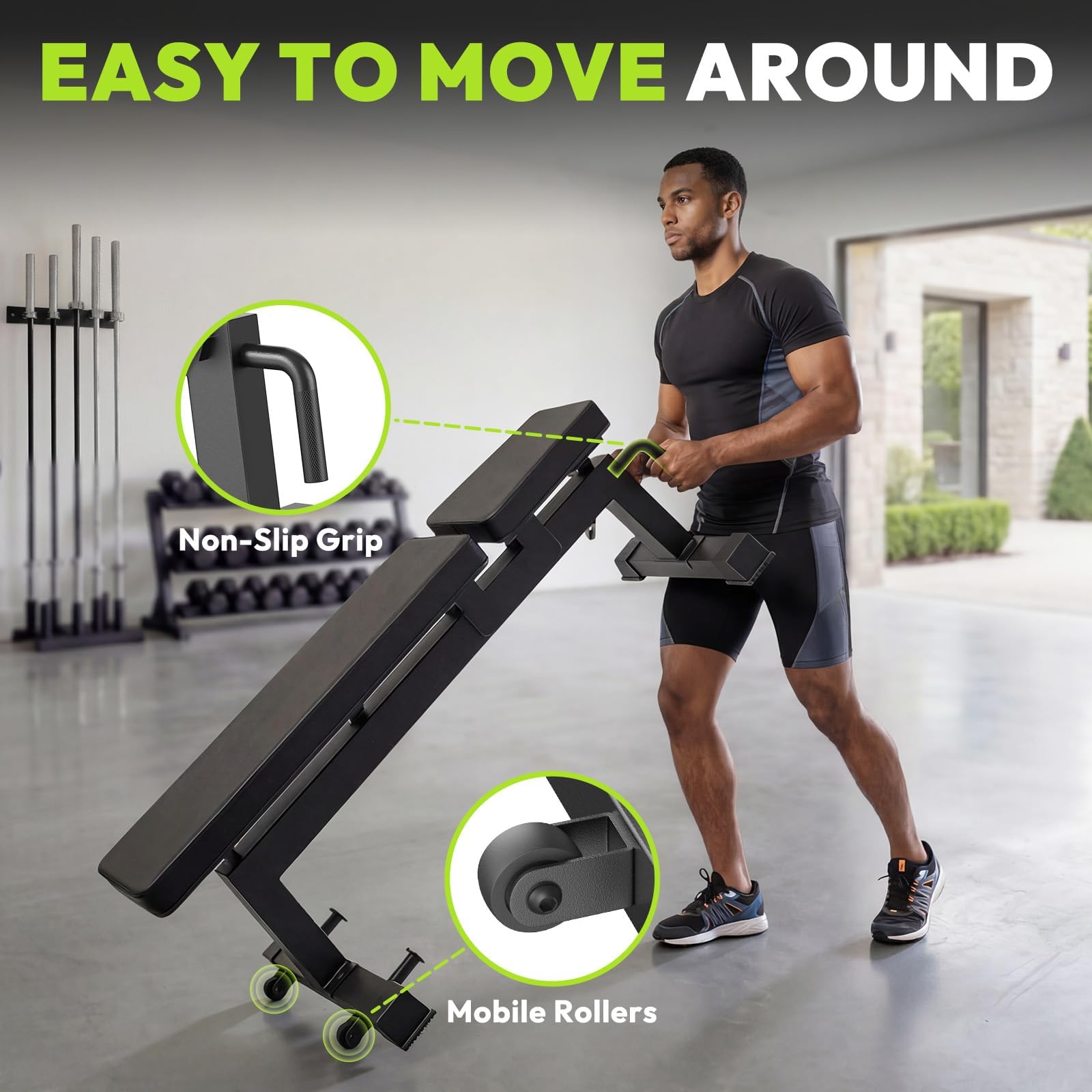 Adjustable Weight Bench, 1500 lb Incline Workout Bench, Home Gym | 0 To 85 Degree Backrest, Three Seat Angles, Steel Frame, Wheels And Handle, Foldable Storage, Chest Presses, Dumbbell Rows