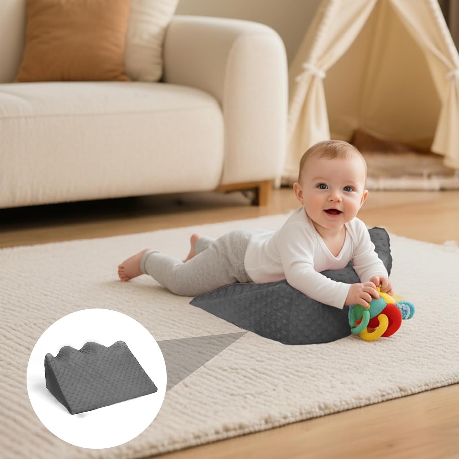 Tummy Time Prop for Infants | Baby Gas and Colic Relief with Memory Foam Support | for Neck, Shoulder & Body Development | Machine Washable Cover - Grey