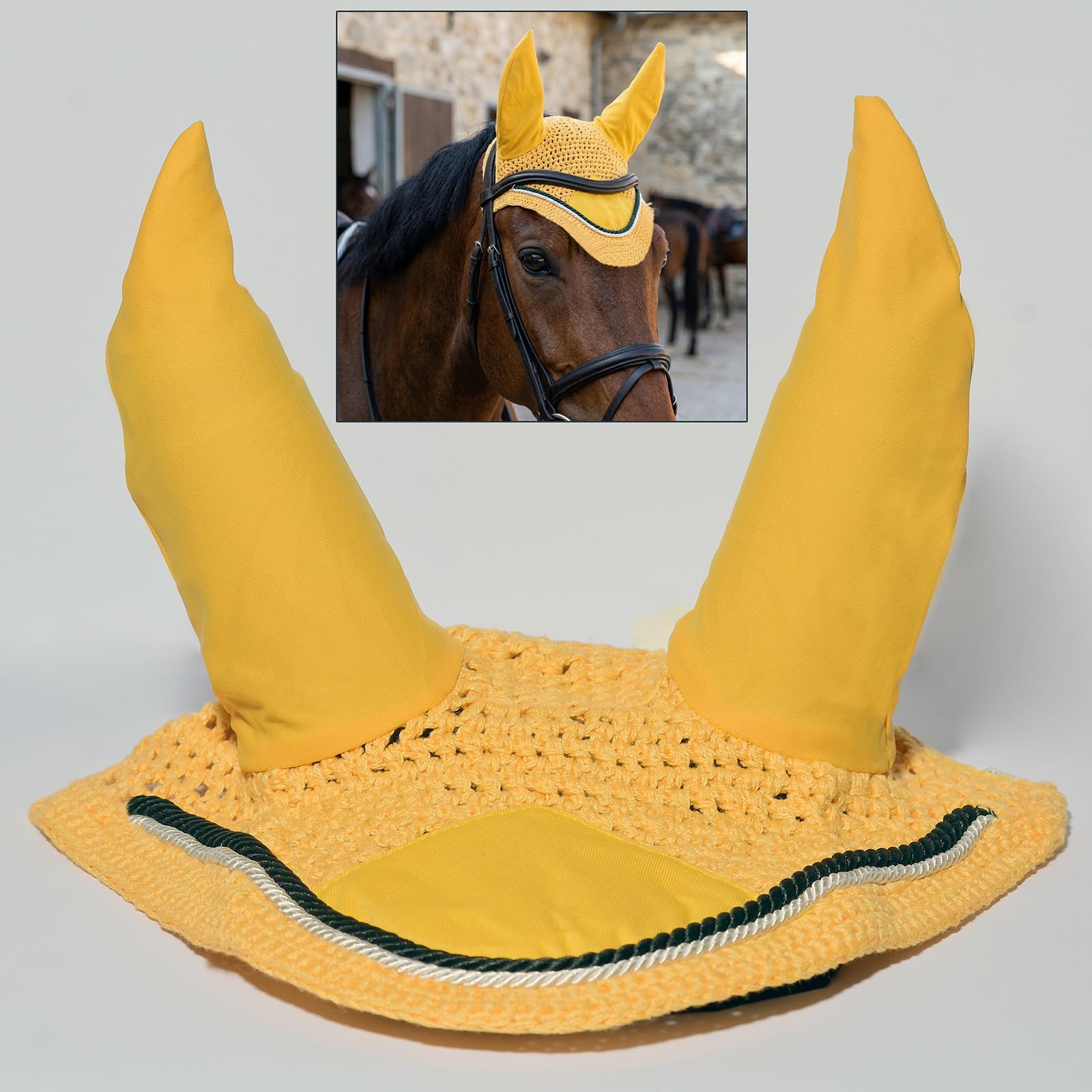 Spire Voile de protection pour cheval en coton respirant doux au crochet - Masque de protection contre les mouches (complet, jaune/noir/blanc)