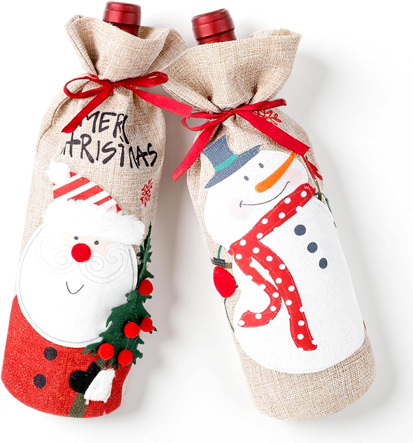 COMNICO Christmas Wine Bottle Bags Burlap Wine Bottle Covers with Drawstring forWine Bottles Gift Bulk Reusable WineBottle Covers for Christmas Party Decor, Holidays 2Pcs