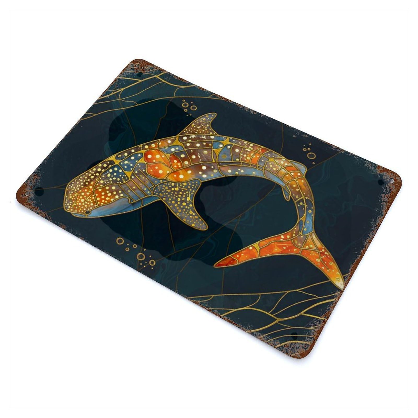 Retro Metal Sign with Whale Shark Kintsugi Art Design 11.8"x7.9", for Living Room, Hallway And Home Decor, Vintage Wall Decor