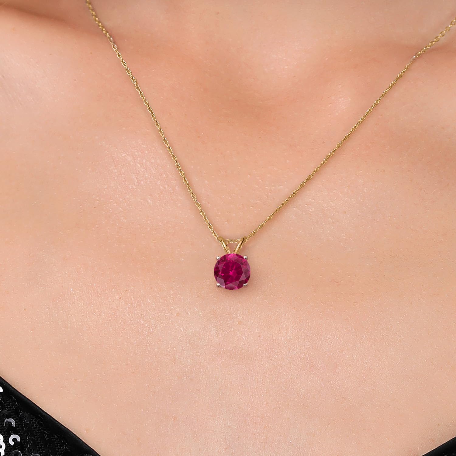 Gem Stone King 14K Yellow Gold Red Created Ruby Pendant Necklace for Women | 1.55 Cttw | Gemstone July Birthstone | Round 7MM | With 18 Inch Chain - Image 3