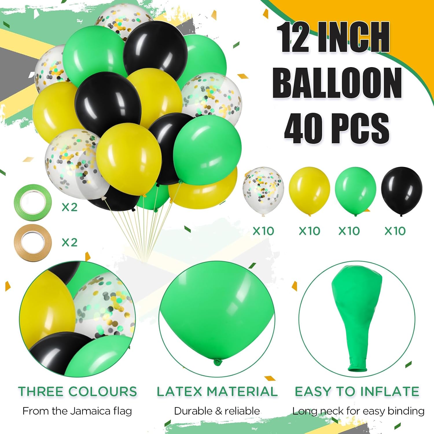 Lenwen 56 Pcs Jamaica Party Decorations Set 2 Jamaican String Flag Banner 10 Hand Held Small Jamaica Flag 40 Black Yellow Green Confetti Latex Balloons 4 Ribbons for Festival Events
