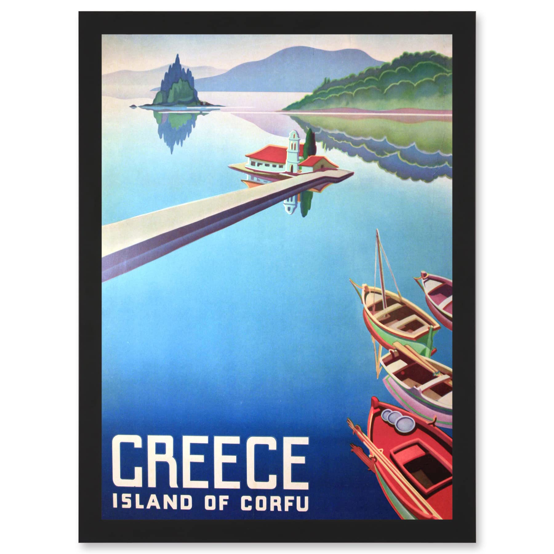 Artery8 Corfu Greece Boats Pier Mount Travel Advert Artwork Framed Wall Art Print A4