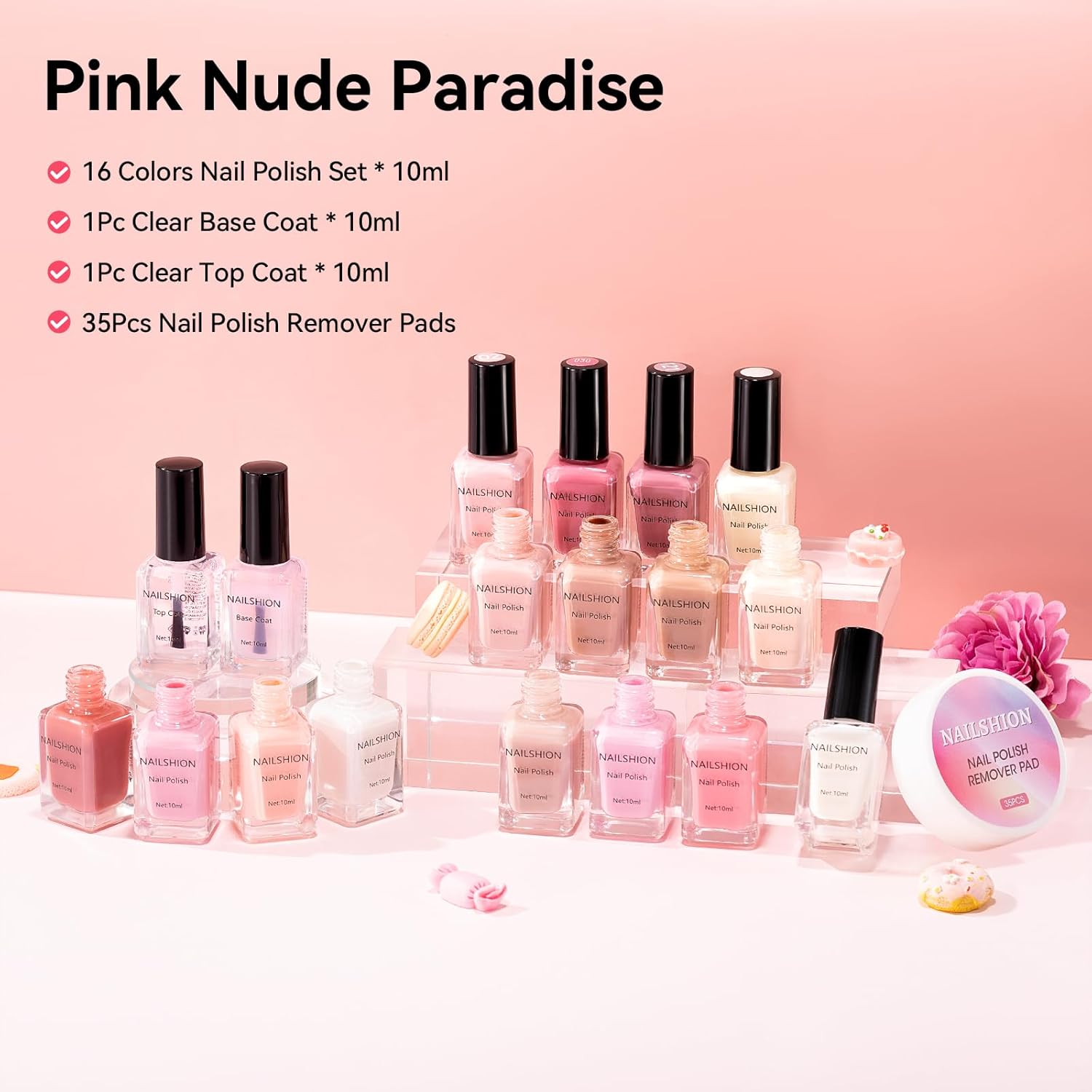 Neutral Collections Nail Polish Set with Base-Top Coat 16 Colors Nude Pink Peach Milky Rose Beige Skin Tones Fingernail Polish with Remover Pads, Salon Home DIY Nail Art Manicure Gift