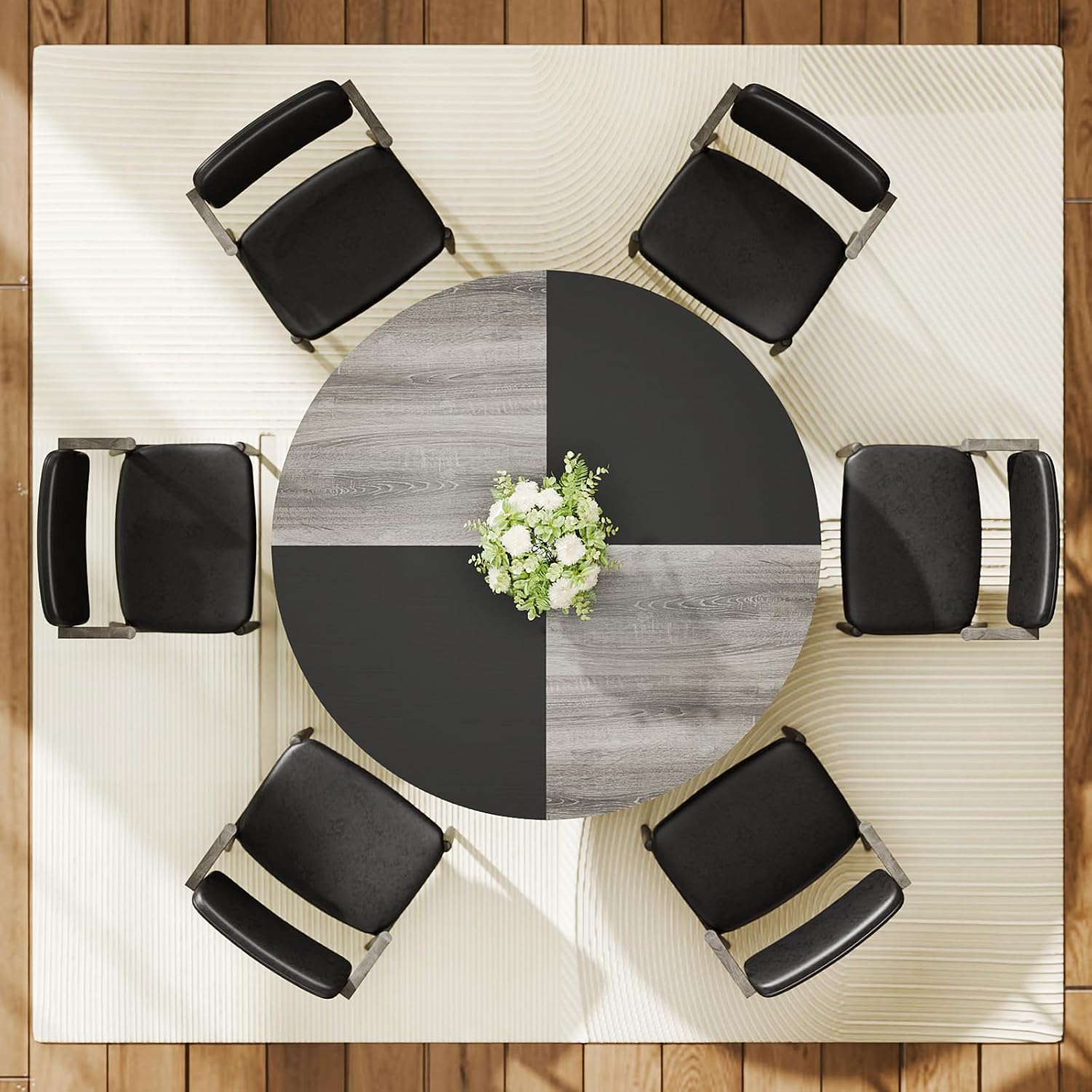 Round Dining Table for 4-6, 47 inch Circle Kitchen Table with 2-Layer Storage Shelf, Modern Wood Dinner Table with Heavy Duty Pedestal for Dining Room, Farmhouse, Living Room, Kitchen, Black & Grey