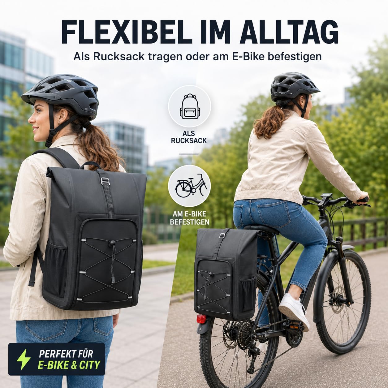 Alforja para bicicleta 2 en 1, portaequipajes y mochila, impermeable, con soporte de liberación rápida, para uso diario y excursiones (negro, 30 L)