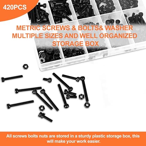 420pcs M3 Screw Kit, Premium M3 Bolts for 3D Printing, Hex Socket Head Cap Screw Assortment with Nuts and Washers, M3 x 6mm /8mm /10mm /12mm /16mm /20mm /25mm (Black)