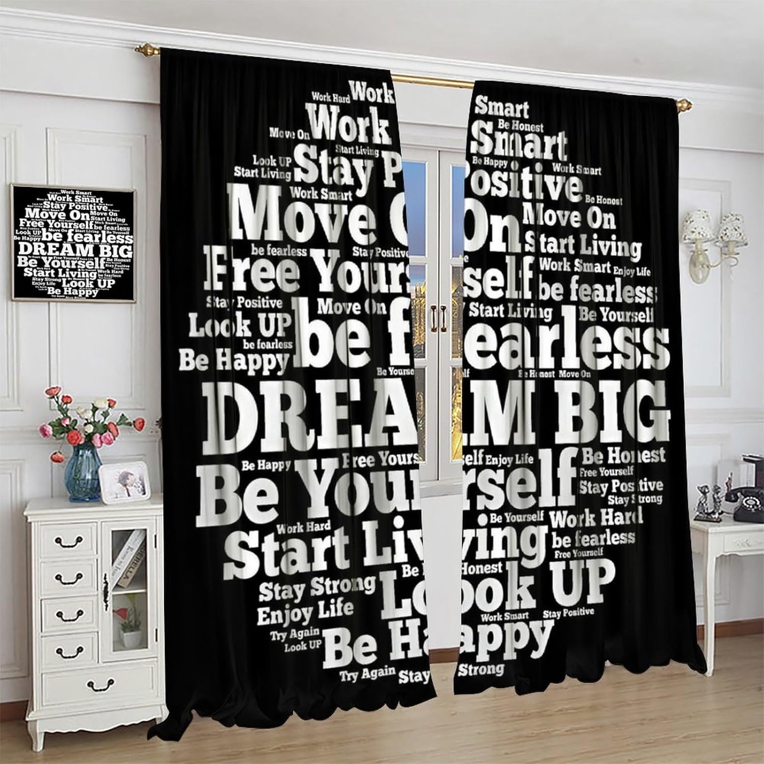 Inspirational Quote Blackout Curtains, Black White Positive Words Motivational Phrases Modern Design Window Drapes for Bedroom Living Room Bathroom Kitchen Office Home Decor, 42" W X 45" L