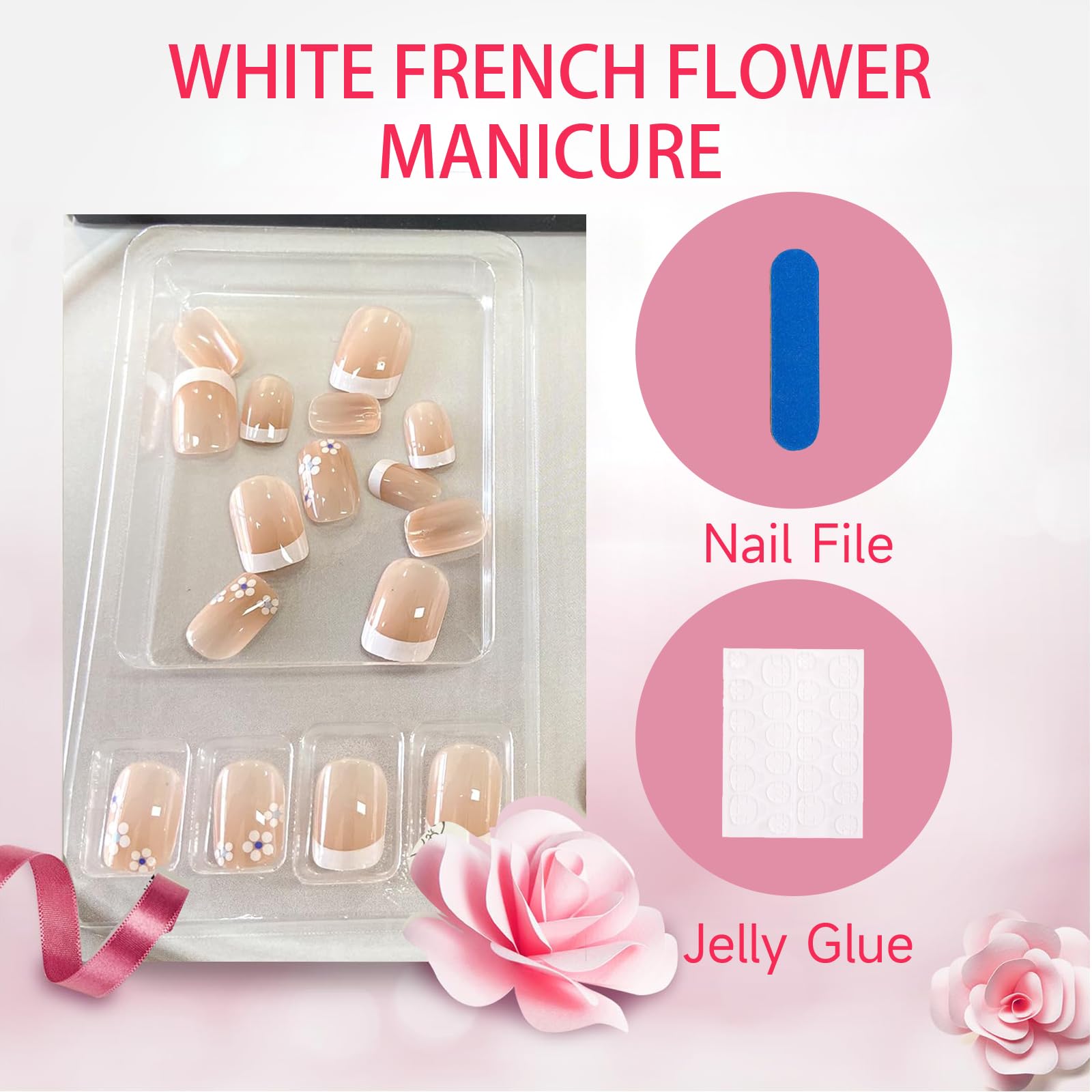 Shimmerz 24 Stück Französische Spitzen Press-on Nägel – Rosa Mit 3D-Blumen, Kurze Quadratische Form