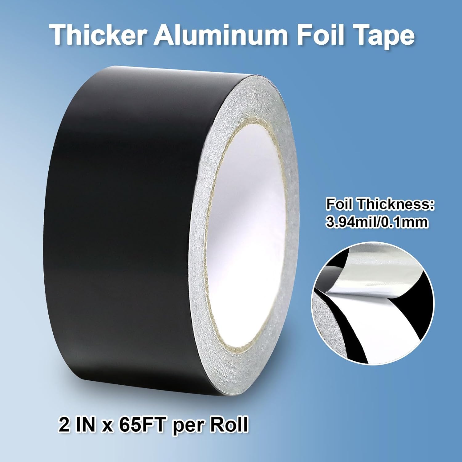 Black Aluminum Foil Tape 2 in x 65 Feet 3.94 Mil Hot & Cold Shield Resistant Black Foil Tape HVAC Sealing & Patching Hot Cold Air Duct Tape for Pipe, Metal Repair, HVAC, Air Ducts, Insulation