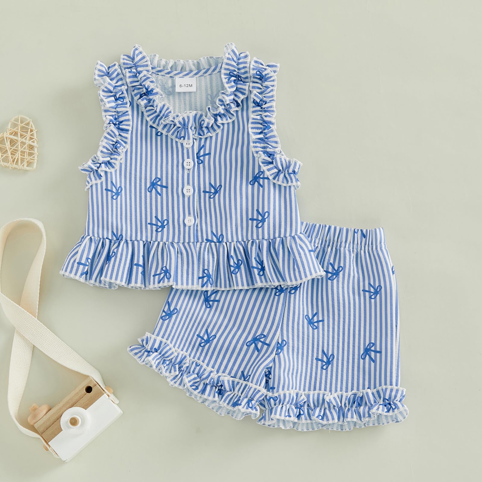 Ensemble Tenue d'été Bébé Fille Débardeur Rayé à Volant Chemise sans Manches à Bouton + Short à Rayures